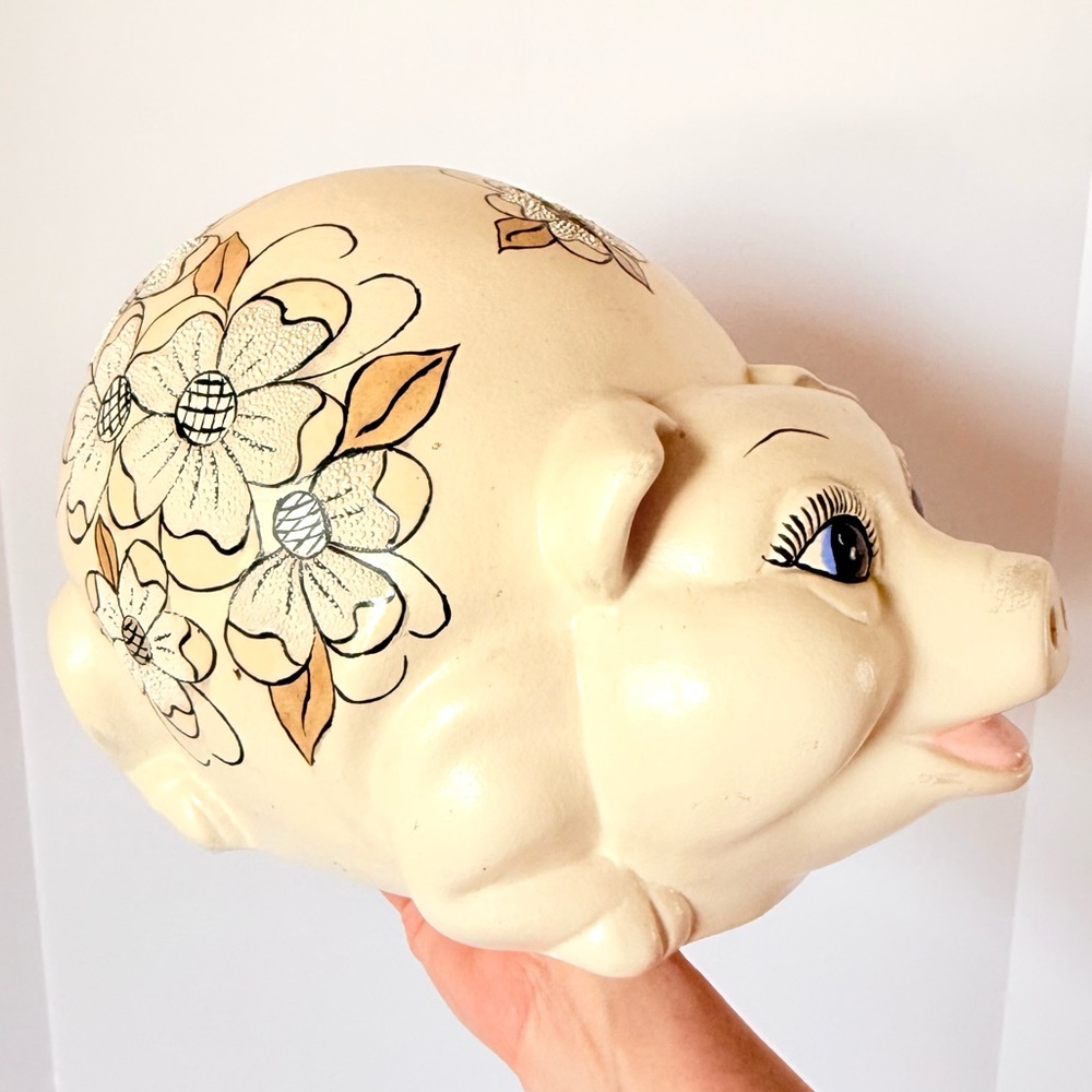 Vintage Hand-Painted Ceramic Piggy Bank, Large Floral Design, 13.5”
